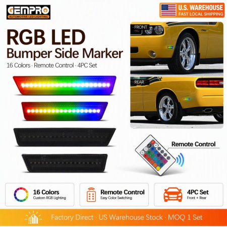 Multi Color RGB Side Marker for Dodge Challenger 2008 2014 Charger 2011 2014 Remote Control Smoked Bumper Indicator - image 1