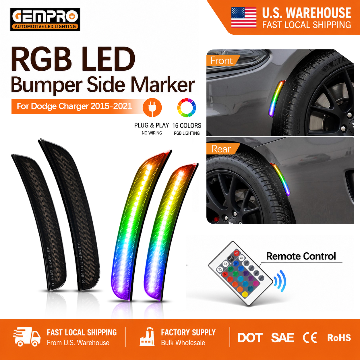 Remote Control RGB LED Side Marker for Dodge Charger 2015 2021 Smoked Lens Front Rear Bumper Light - image 1