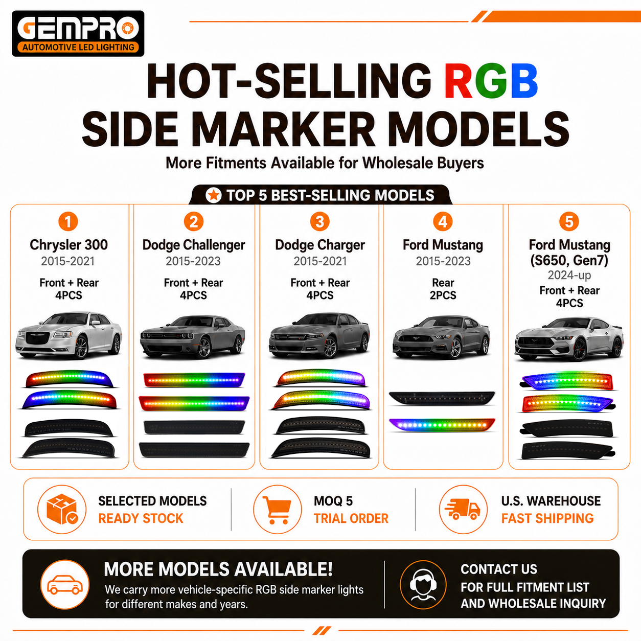 Remote Control RGB LED Side Marker for Dodge Charger 2015 2021 Smoked Lens Front Rear Bumper Light - image 2