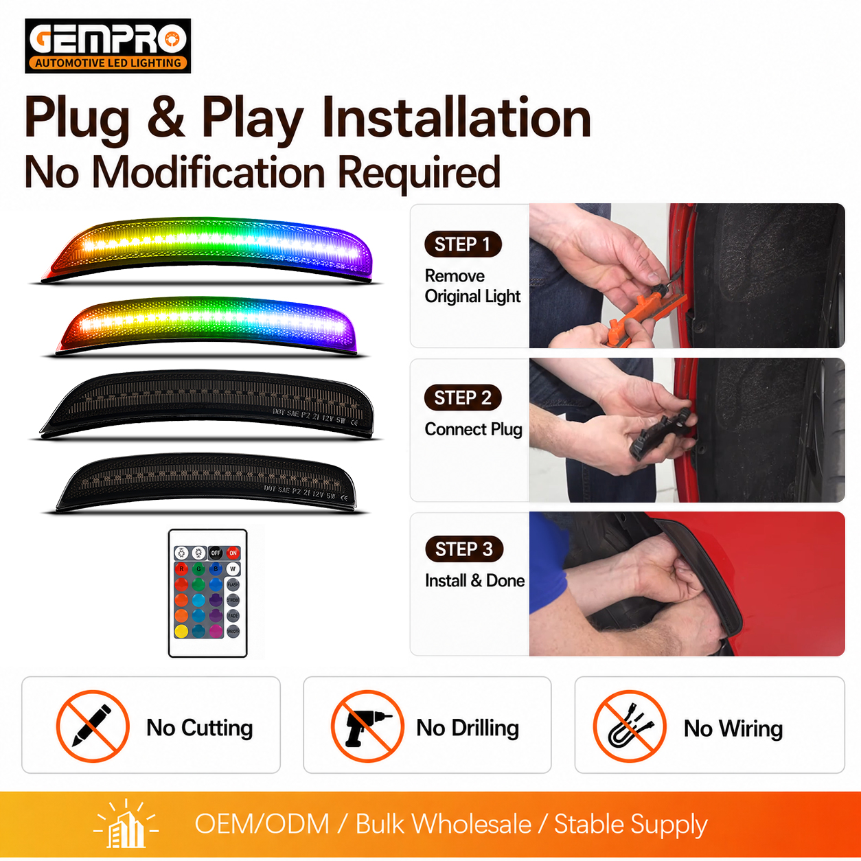 Remote Control RGB LED Side Marker for Dodge Charger 2015 2021 Smoked Lens Front Rear Bumper Light - image 4